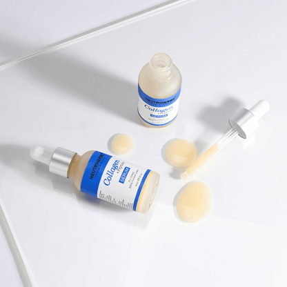 Neutriherbs Collagen + Peptides Serum 30 ml con flacone aperto, pipetta e texture del siero. Primo piano che mostra la consistenza setosa e la pratica pipetta applicatrice per un dosaggio preciso.