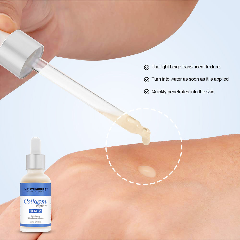 Primo piano di Neutriherbs Collagen + Peptides Serum 30 ml applicato sulla pelle con pipetta. L'immagine mostra la consistenza leggera e a rapido assorbimento del siero, che idrata la pelle senza risultare appiccicoso.