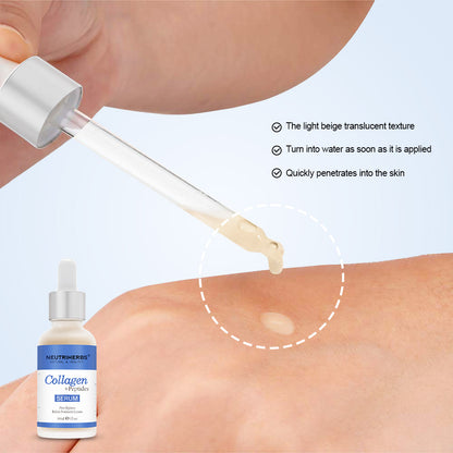 Primo piano di Neutriherbs Collagen + Peptides Serum 30 ml applicato sulla pelle con pipetta. L'immagine mostra la consistenza leggera e a rapido assorbimento del siero, che idrata la pelle senza risultare appiccicoso.