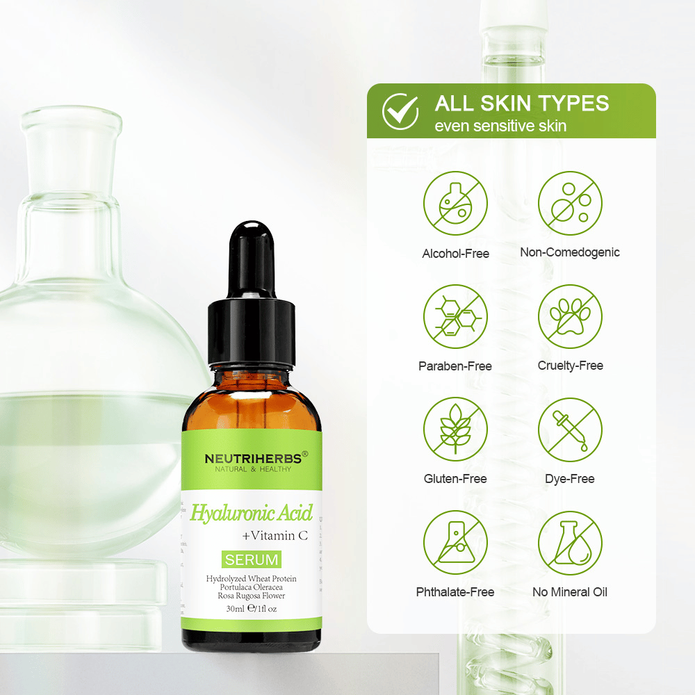 Neutriherbs Hyaluronic Acid + Vitamin C Serum 30 ml per tutti i tipi di pelle, anche sensibile. Siero viso idratante senza alcol, parabeni, olio minerale o coloranti che rafforza la barriera cutanea e dona luminosità alla pelle.