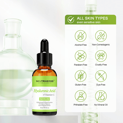 Neutriherbs Hyaluronic Acid + Vitamin C Serum 30 ml per tutti i tipi di pelle, anche sensibile. Siero viso idratante senza alcol, parabeni, olio minerale o coloranti che rafforza la barriera cutanea e dona luminosità alla pelle.