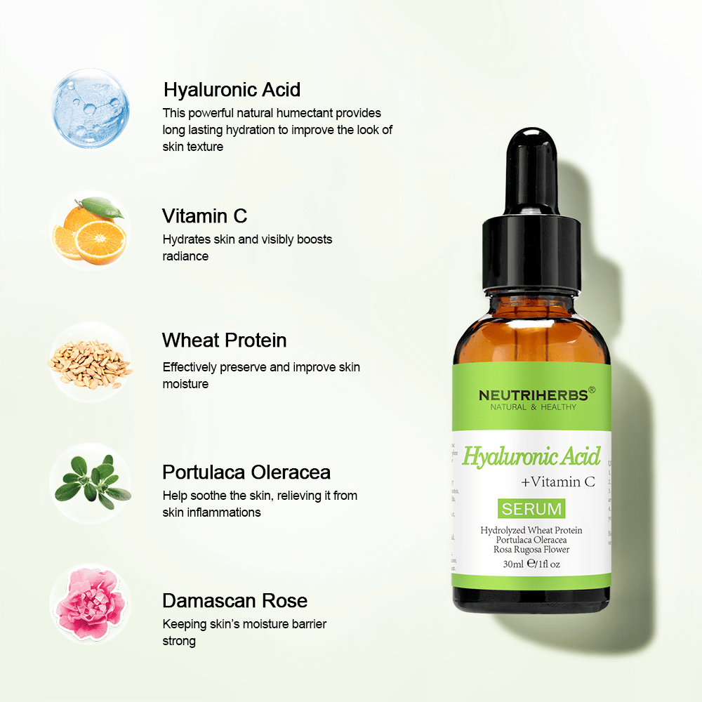 Neutriherbs Hyaluronic Acid + Vitamin C Serum 30 ml con acido ialuronico, vitamina C, proteine del grano idrolizzate, Portulaca Oleracea e rosa damascena. Siero viso idratante che rafforza la barriera cutanea, lenisce la pelle e dona maggiore luminosità.