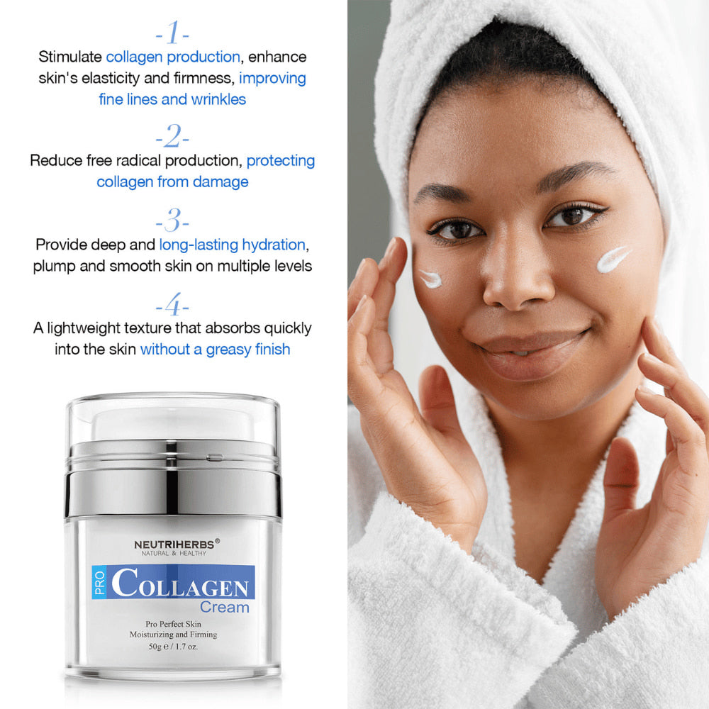 Neutriherbs Pro Collagen Cream 50 g crema viso idratante con collagene. Immagine che mostra la crema applicata sulla pelle e mette in evidenza le proprietà del prodotto: stimola la produzione di collagene, contribuisce a una pelle più soda, offre un’idratazione a lunga durata e si assorbe rapidamente senza risultare grassa.