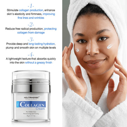 Neutriherbs Pro Collagen Cream 50 g crema viso idratante con collagene. Immagine che mostra la crema applicata sulla pelle e mette in evidenza le proprietà del prodotto: stimola la produzione di collagene, contribuisce a una pelle più soda, offre un’idratazione a lunga durata e si assorbe rapidamente senza risultare grassa.
