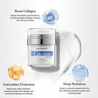 Neutriherbs Pro Collagen Cream 50 g con collagene e ingredienti idratanti. L’immagine evidenzia tre benefici principali: stimola il collagene della pelle, offre un’idratazione profonda e contribuisce a una protezione antiossidante per una pelle più soda, morbida e idratata.