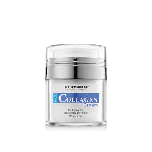 Neutriherbs Pro Collagen Cream 50 g in un elegante vasetto. Una crema viso idratante e rassodante sviluppata per migliorare l’elasticità della pelle, offrire un’idratazione a lunga durata e contribuire a una pelle più soda con una sensazione morbida ed elastica.