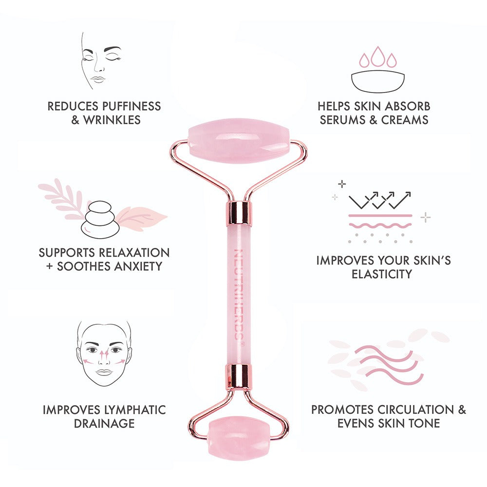Neutriherbs rullo in quarzo rosa per massaggio viso che completa la routine quotidiana di cura della pelle.