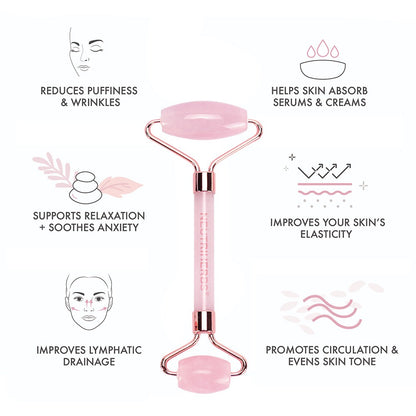 Neutriherbs rullo in quarzo rosa per massaggio viso che completa la routine quotidiana di cura della pelle.