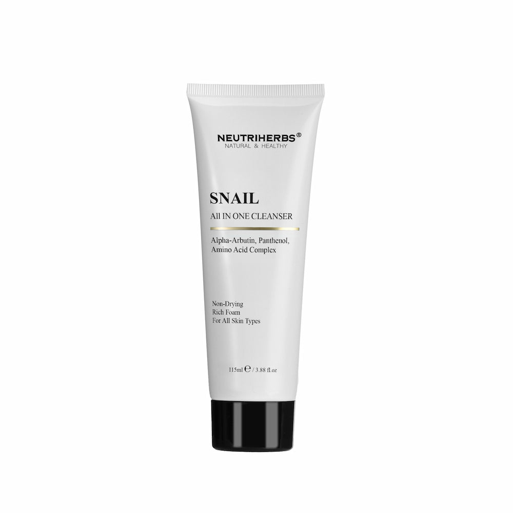 Neutriherbs Snail All In One Cleanser 115 ml – detergente viso delicato con estratto di lumaca, alfa-arbutina e pantenolo per tutti i tipi di pelle.