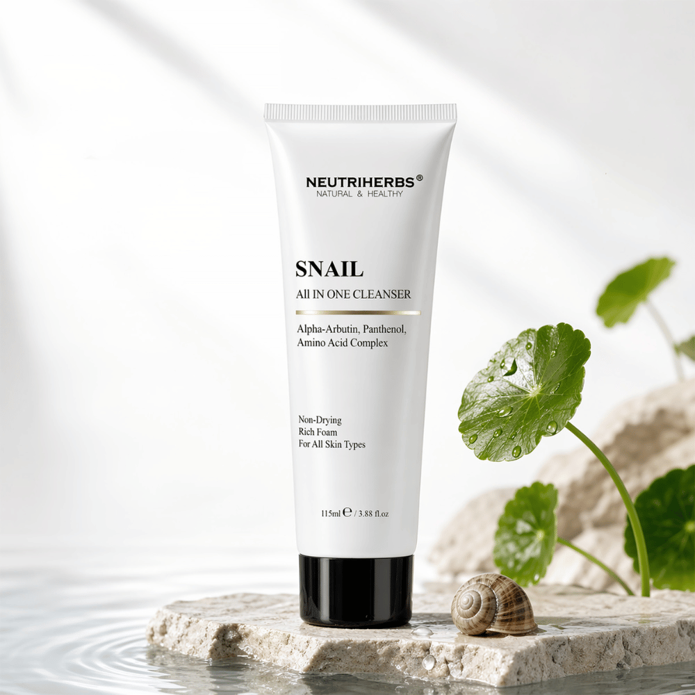 Neutriherbs Snail All In One Cleanser detergente viso con bava di lumaca, alfa-arbutina e pantenolo. Detersione delicata che rimuove sporco e trucco, idrata la pelle ed è adatta a tutti i tipi di pelle.
