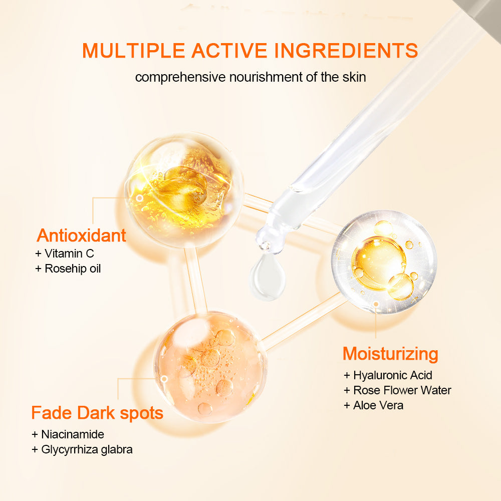 Illustrazione che mostra gli ingredienti attivi di Neutriherbs Vitamin C + Hyaluronic Acid Serum. La vitamina C e l’olio di rosa canina offrono protezione antiossidante, l’acido ialuronico, l’acqua di rose e l’aloe vera idratano la pelle, mentre la niacinamide e la radice di liquirizia contribuiscono a ridurre le macchie pigmentarie e a donare un tono della pelle più uniforme.