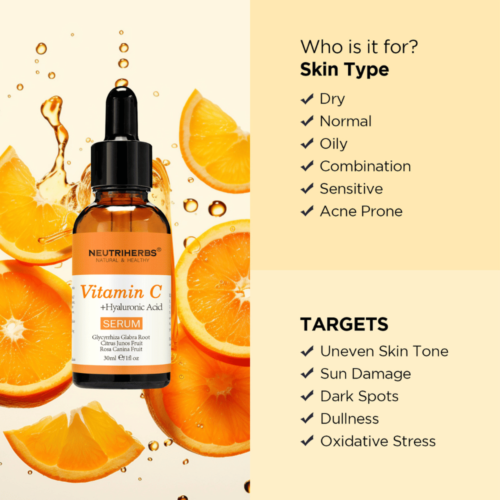Neutriherbs Vitamin C + Hyaluronic Acid Serum 30 ml con arance. L’illustrazione mostra che il siero è adatto a tutti i tipi di pelle, inclusa quella sensibile e a tendenza acneica, ed è sviluppato per tono della pelle non uniforme, macchie pigmentarie, danni solari, incarnato spento e stress ossidativo.