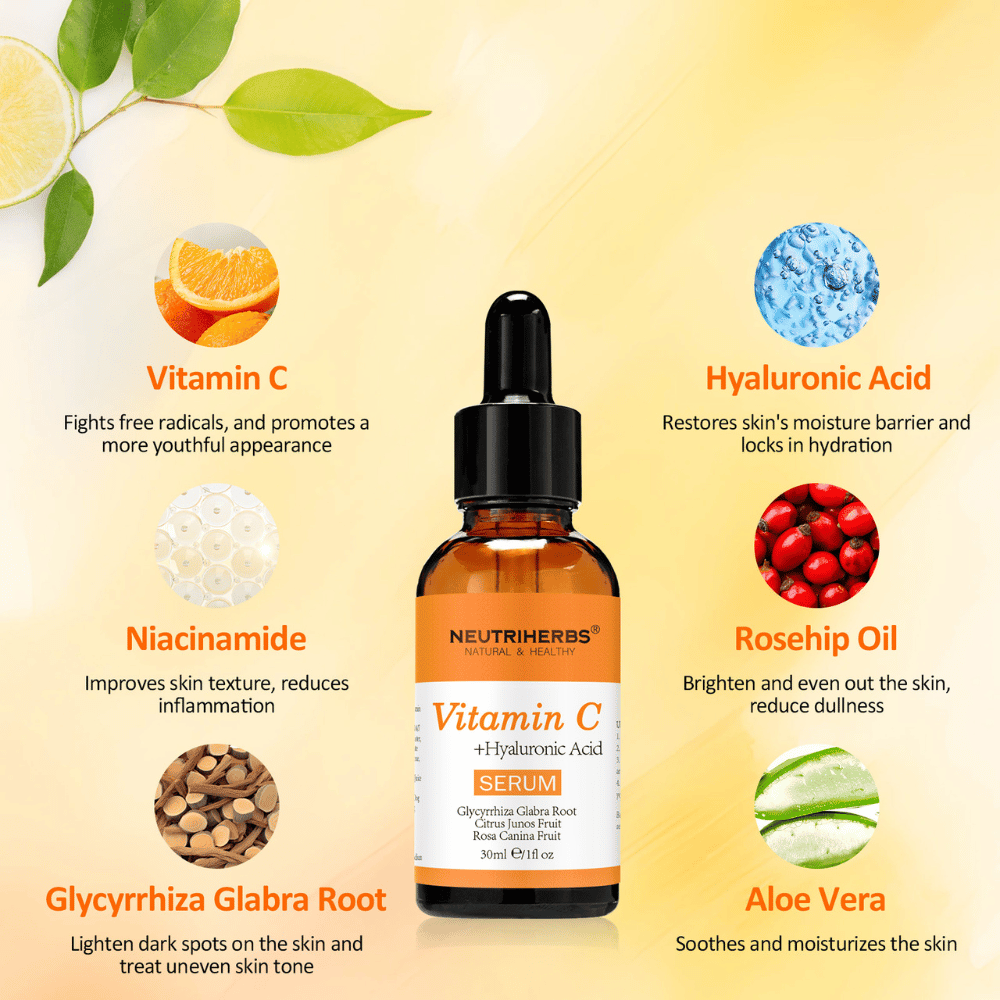 Illustrazione degli ingredienti chiave di Neutriherbs Vitamin C + Hyaluronic Acid Serum 30 ml. Mostra vitamina C, acido ialuronico, niacinamide, olio di rosa canina, radice di liquirizia e aloe vera – ingredienti che idratano la pelle, donano maggiore luminosità, uniformano il tono della pelle e rafforzano la barriera cutanea.